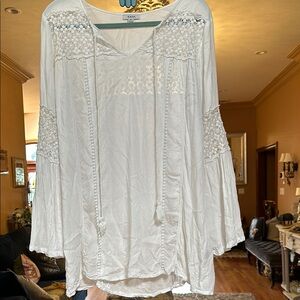 White Boho Blouse top tunic Lace Details tassel Raviya cotton white $78 medium
